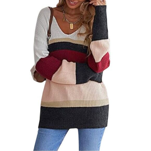 Alelly Color Block Wide Stripe Relaxed Fit V-Neck Ribbed Knit Sweater NWOT - Picture 1 of 13